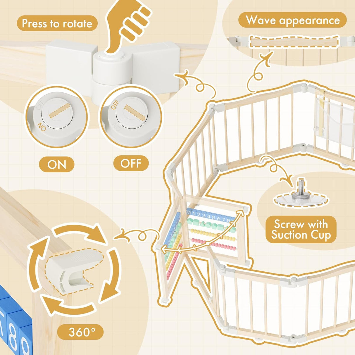 Diagram of a baby crib with features like 'Press to rotate', 'Wave appearance', and 'Screw with Suction Cup' on a beige background.