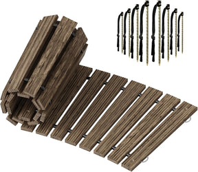 Wooden deck boards and fasteners on a white background