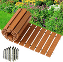 Wooden deck tiles with installation hardware on a garden background