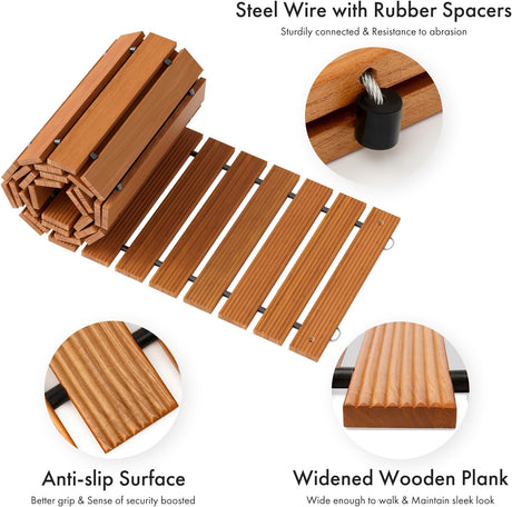 Wooden deck boards with steel wire and rubber spacers, highlighting anti-slip surface and widened planks.