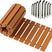 Wooden deck tiles with installation hardware on a white background