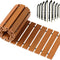 Wooden deck tiles with installation hardware on a white background