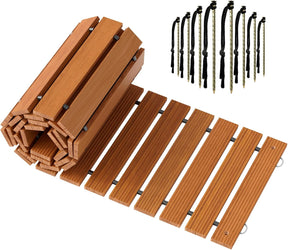 Wooden deck tiles with installation hardware on a white background