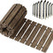 Wooden deck tiles and installation hardware on a white background