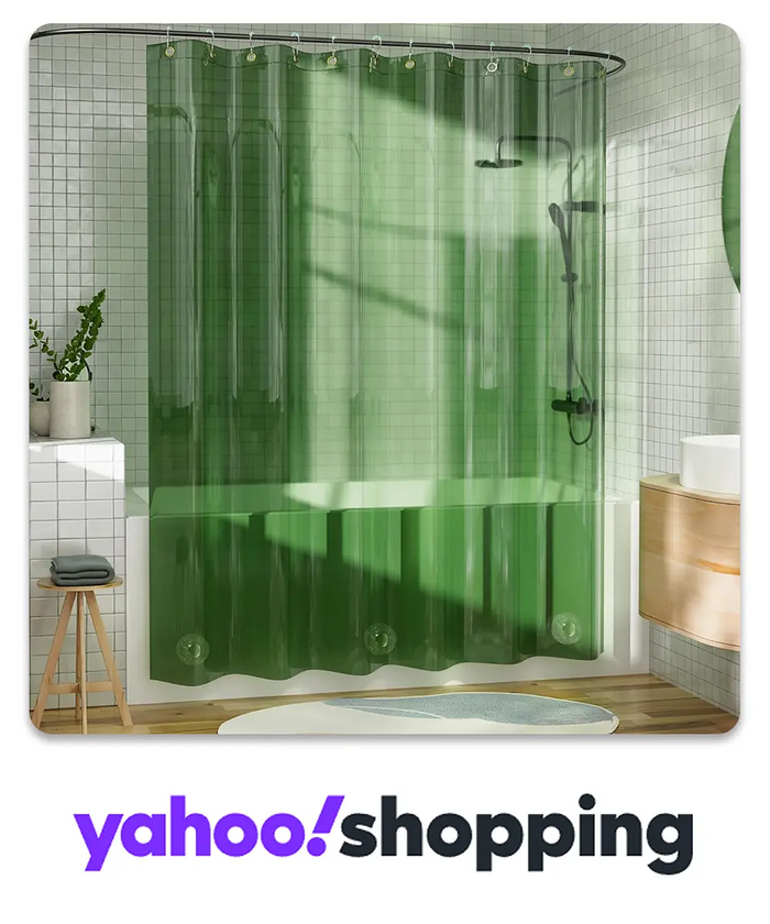 AmazerBath green transparent shower curtain liner with water droplets in a tiled bathroom, featured by Yahoo Shopping