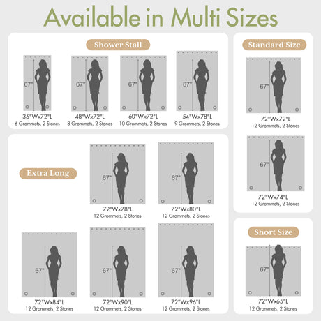 AmazerBath white 120 GSM fabric shower curtain liner size chart for stall, standard, short, and extra-long tubs.