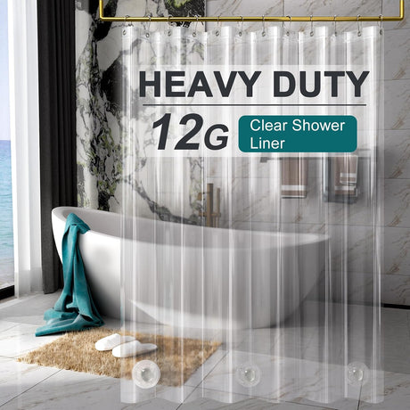 AmazerBath Clear Vinyl Shower Curtain Liner, 12G Heavy Duty & Weighted in 72"W x 84"L, main product image.