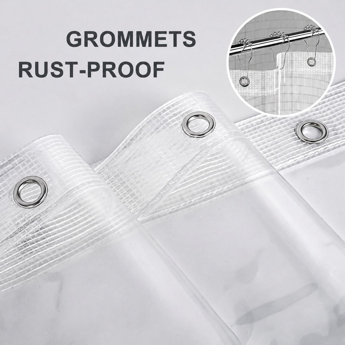 Close-up of the clear AmazerBath 12G vinyl shower curtain liner with rust-resistant metal grommets.