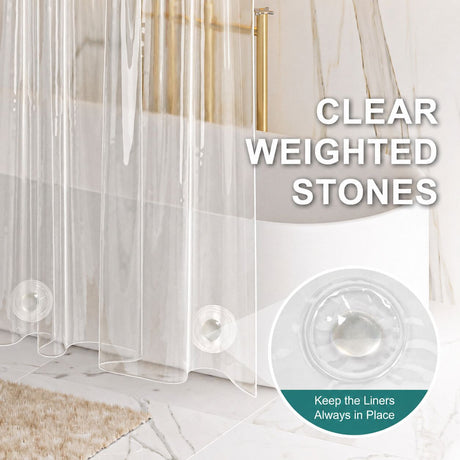 AmazerBath Clear Vinyl Shower Curtain Liner, 12G Heavy Duty & Weighted in Crystal, 72"W x 72"L, product detail and key features.