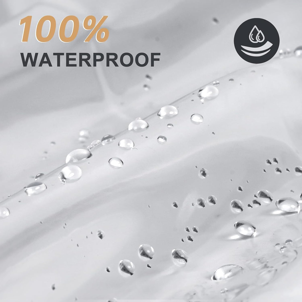 Water droplets beading on the clear AmazerBath 12G heavy-duty vinyl shower curtain liner.
