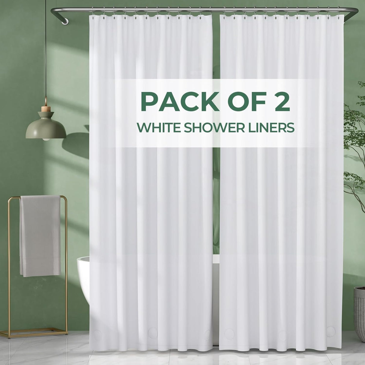 AmazerBath 2-Pack Lightweight PEVA Shower Curtain Liners, 3G Waterproof in White, main product image.