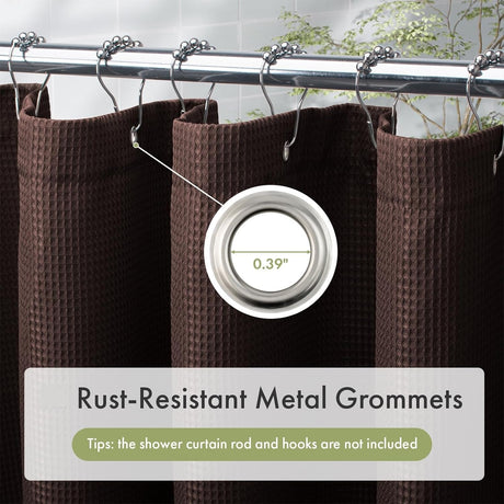 AmazerBath brown 240 GSM waffle shower curtain with close-up of rust-resistant metal grommets.