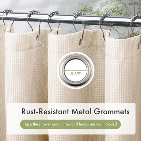 AmazerBath cream 240 GSM waffle shower curtain with close-up of rust-resistant metal grommets.
