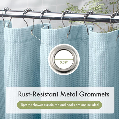 AmazerBath fog blue 240 GSM waffle shower curtain with close-up of rust-resistant metal grommets.