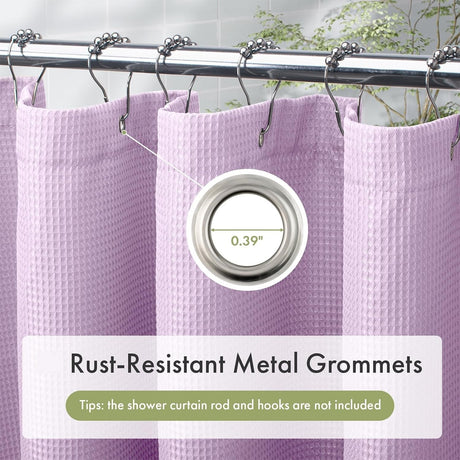 AmazerBath lavender 240 GSM waffle shower curtain with close-up of rust-resistant metal grommets.