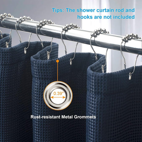 AmazerBath navy blue 240 GSM waffle shower curtain with rust-resistant metal grommets and silver hooks.