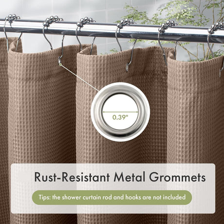 AmazerBath taupe 240 GSM waffle shower curtain with close-up of rust-resistant metal grommets.