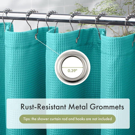 AmazerBath teal 240 GSM waffle shower curtain with close-up of rust-resistant metal grommets.