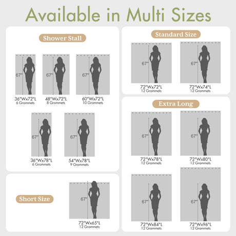 AmazerBath shiny white 240 GSM waffle shower curtain size chart for stall, standard, short, and extra-long options.