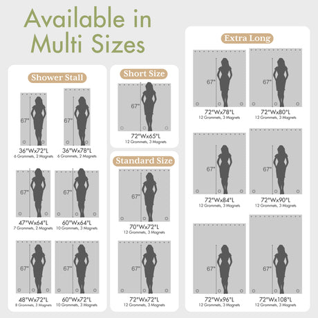 A size guide infographic showing multiple bathroom stall dimensions labeled by size categories.