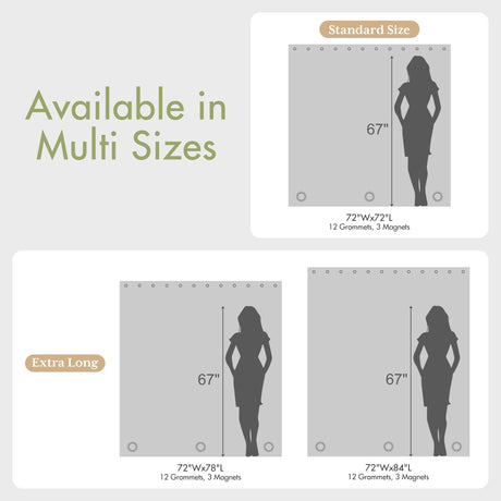 White PEVA shower curtain liner size guide for 72 x 72, 72 x 78, and 72 x 84-inch options.