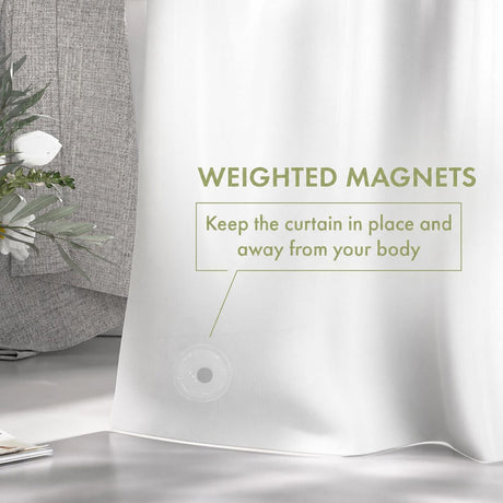 AmazerBath 3G lightweight PEVA shower curtain liner in White with weighted magnets to help keep the liner in place.