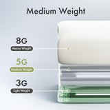 AmazerBath 5G medium weight PEVA shower curtain liner in Clear with a thickness comparison chart.