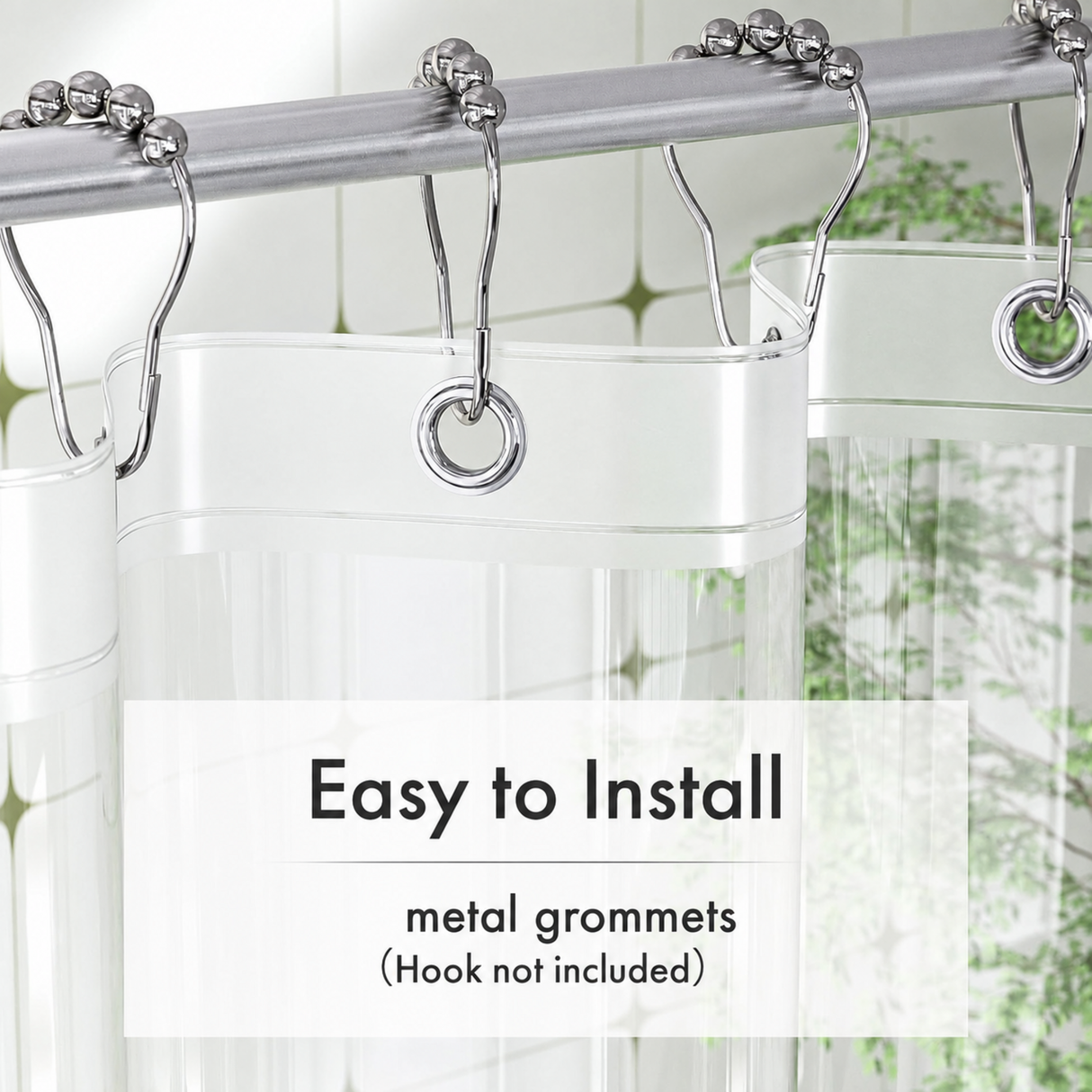 Close-up of AmazerBath clear 5G PEVA shower curtain liner with metal grommets for easy hook installation.