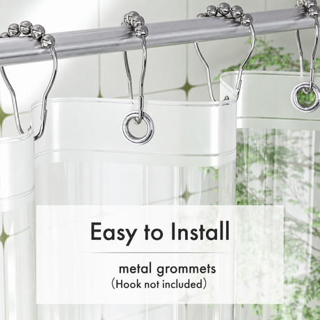 Close-up of AmazerBath clear 5G PEVA shower curtain liner with metal grommets for easy hook installation.