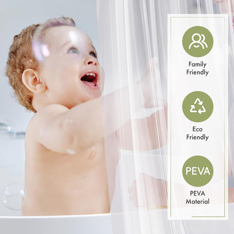 AmazerBath 5G clear PEVA shower curtain liner shown with family-friendly PEVA material features.