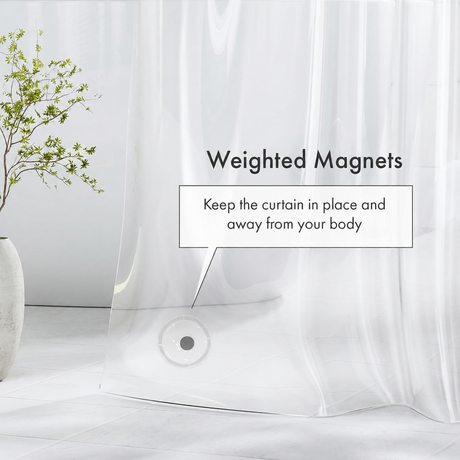 Close-up of AmazerBath clear 5G PEVA shower curtain liner with weighted magnet detail for a steadier fit.