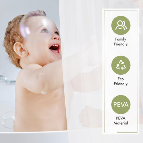 AmazerBath 5G frosted PEVA shower curtain liner shown with family-friendly PEVA material features.