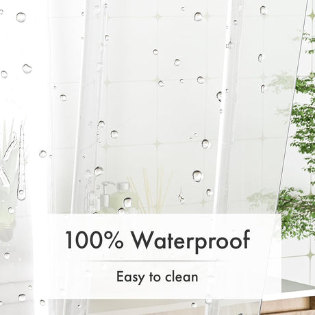 Water droplets on AmazerBath 5G frosted PEVA shower curtain liner highlighting waterproof, easy-clean performance.