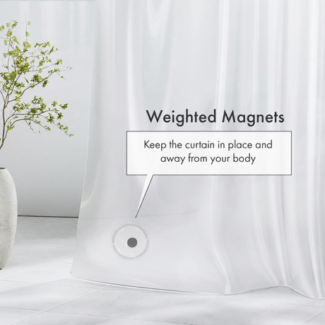 Close-up of AmazerBath frosted 5G PEVA shower curtain liner with weighted magnet detail for a steadier fit.