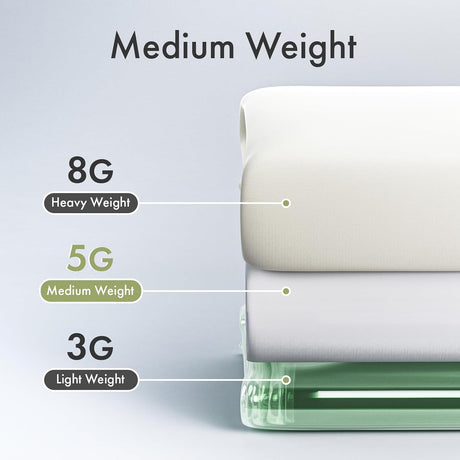 AmazerBath 5G medium weight PEVA shower curtain liner in White with a thickness comparison chart.