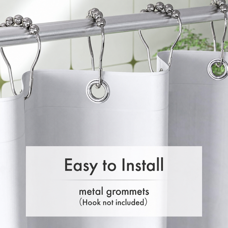 Close-up of AmazerBath white 5G PEVA shower curtain liner with metal grommets for easy hook installation.