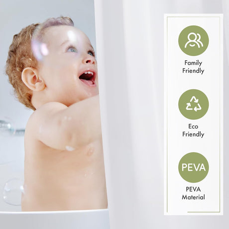 AmazerBath 5G white PEVA shower curtain liner shown with family-friendly PEVA material features.