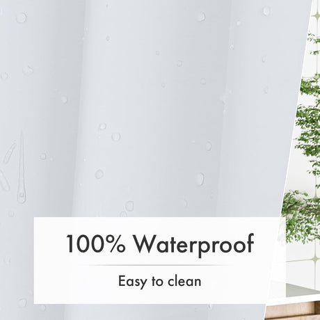 Water droplets on AmazerBath 5G white PEVA shower curtain liner highlighting waterproof, easy-clean performance.