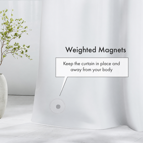 Close-up of AmazerBath white 5G PEVA shower curtain liner with weighted magnet detail for a steadier fit.