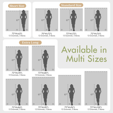 AmazerBath 8G heavy duty clear PEVA shower curtain liner sizing guide with multiple available size options.