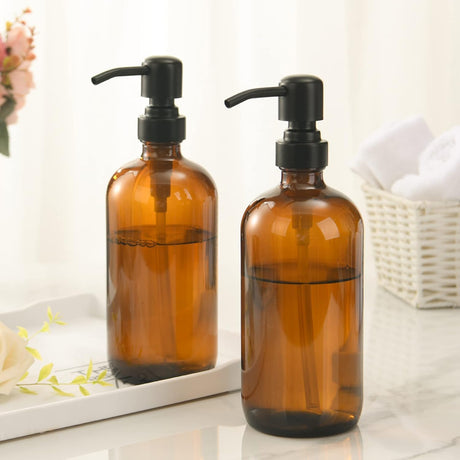AmazerBath Amber Glass Soap Dispensers, 2-Pack in Black, detail image showing product design and key features.