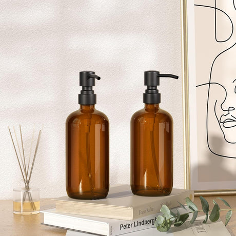 AmazerBath Amber Glass Soap Dispensers, 2-Pack in Black, detail image showing product design and key features.