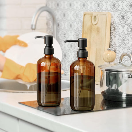 AmazerBath Amber Glass Soap Dispensers, 2-Pack in Bronze, detail image showing product design and key features.