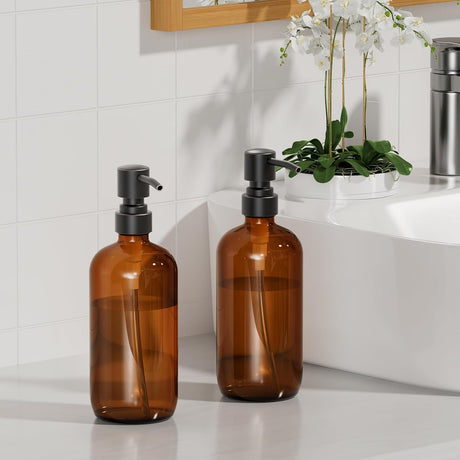 AmazerBath Amber Glass Soap Dispensers, 2-Pack in Bronze, detail image showing product design and key features.