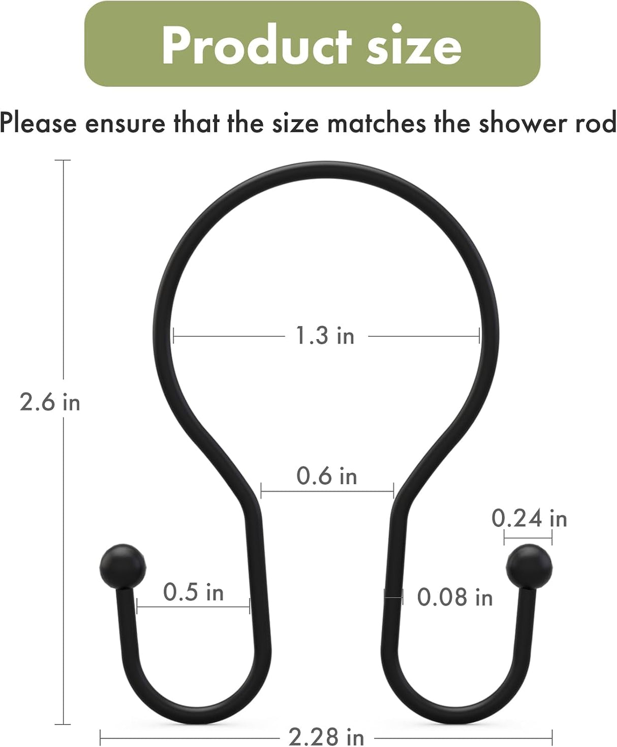 AmazerBath Anti-Drop Double Shower Curtain Hooks, Set of 12 in Black, Bead End, product detail and key features.
