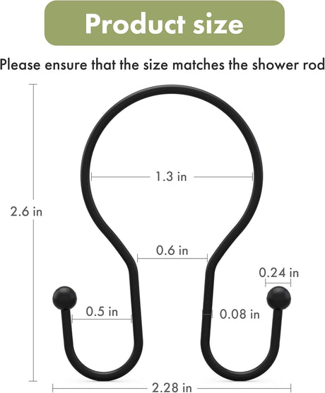 AmazerBath Anti-Drop Double Shower Curtain Hooks, Set of 12 in Black, Bead End, product detail and key features.