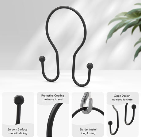 AmazerBath Anti-Drop Double Shower Curtain Hooks, Set of 12 in Black, Bead End, product detail and key features.