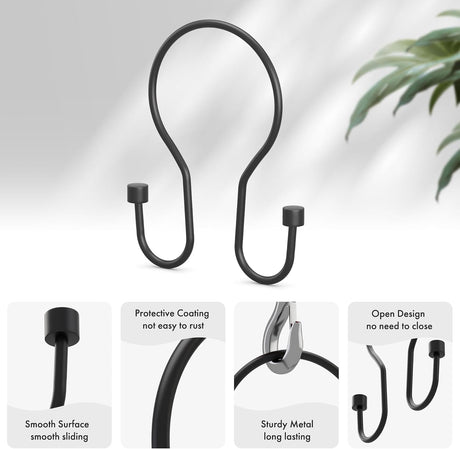 AmazerBath Anti-Drop Double Shower Curtain Hooks, Set of 12 in Black with Cap End, product detail image 4.