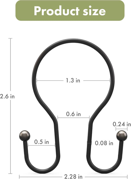 AmazerBath Anti-Drop Double Shower Curtain Hooks, Set of 12 in Bronze, Bead End, product detail and key features.