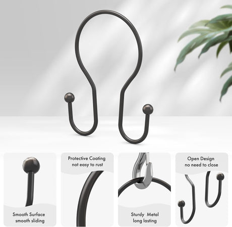 AmazerBath Anti-Drop Double Shower Curtain Hooks, Set of 12 in Bronze, Bead End, product detail and key features.